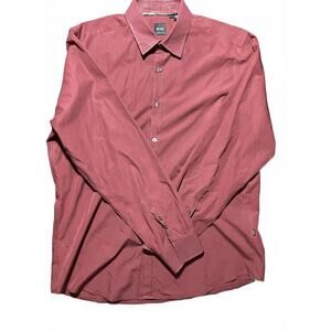 Hugo Boss Men’s Dress Shirt Large Burgundy Red Regular Fit Long Sleeve Button Up